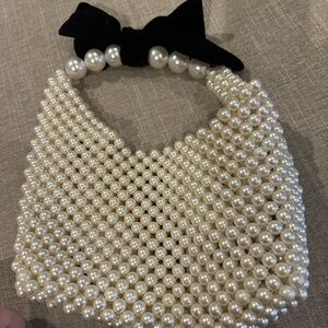 Elegant Pearl Beaded Necklace with Black Bow